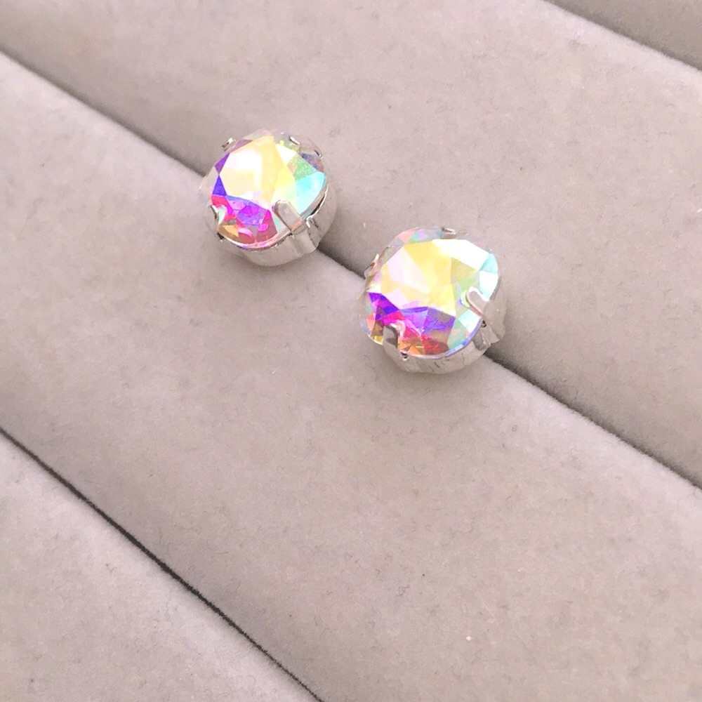 Aurora Borealis + Silver Cushion Cut Crystal Earrings - Picture 5 of 7